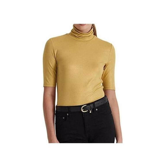 Lauren Ralph Lauren Women's Sz S Gold Metallic Stretch Jersey Turtleneck Top $80 - Picture 9 of 10